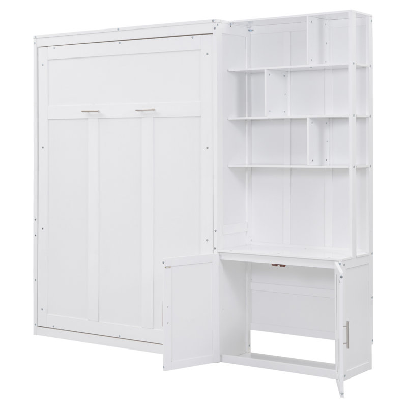 Lit escamotable double avec plusieurs tablettes de rangement et une armoire, blanc