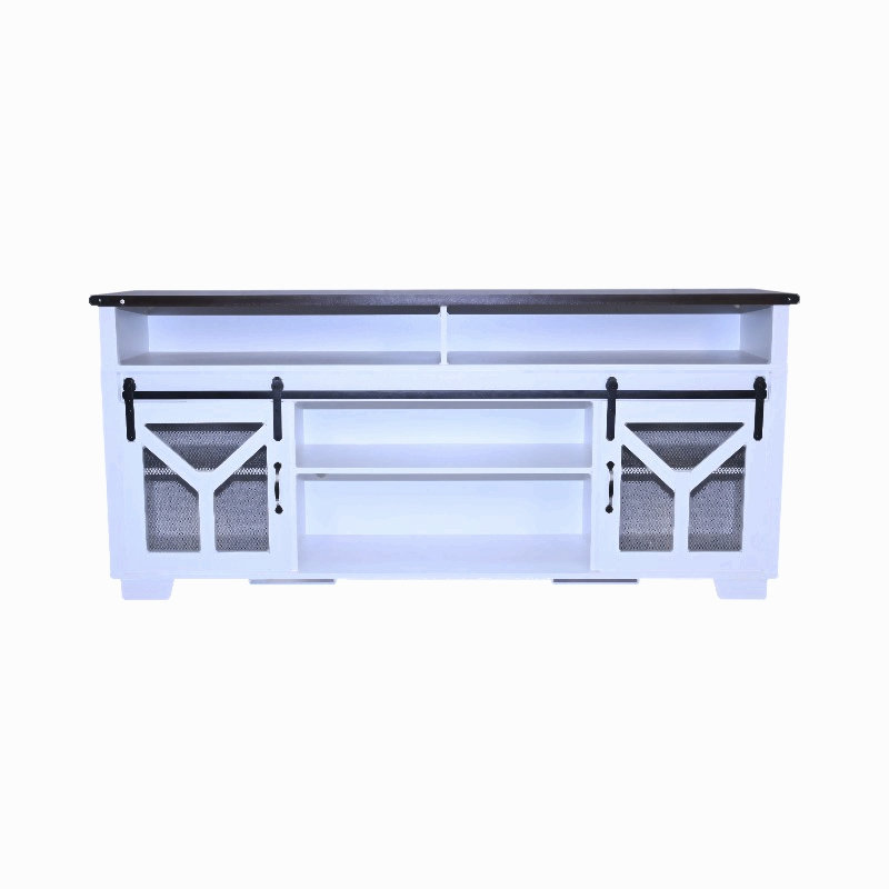 65.3" Tv Stand With Led Light Strips And Iron Mesh Barn Door Y Decorative Strip, White/Walnut