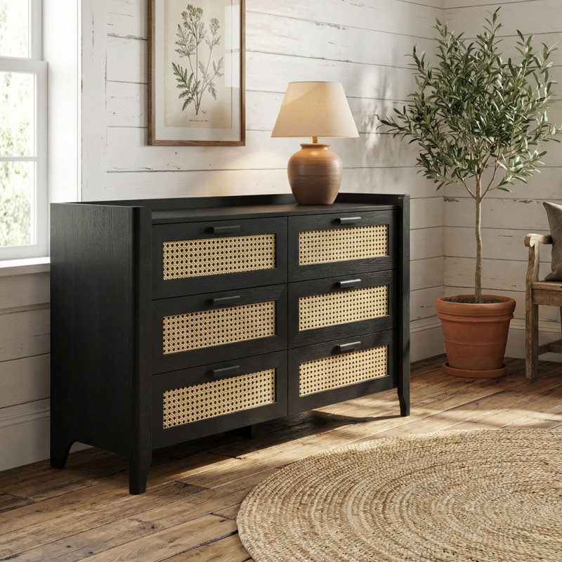  Commode à 6 tiroirs pour chambre Fake Rattan, large commode moderne l 47,3 po, rangement en bois pour vêtements, vestibule, couloir, chambre de bébé ou salon, noir