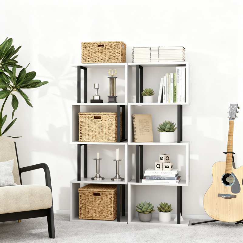 4-Tier S-Shaped Bookcase, Modern Geometric Bookshelf With Narrow Freestanding Design, Decorative Storage Shelving Unit For Living Room, Bedroom, And Home Office