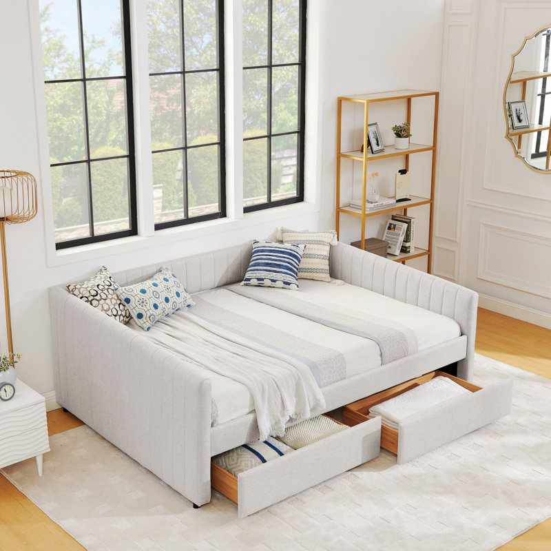 Daybed With Two Drawers Upholstered Sofa Bed For Living Room, Beige