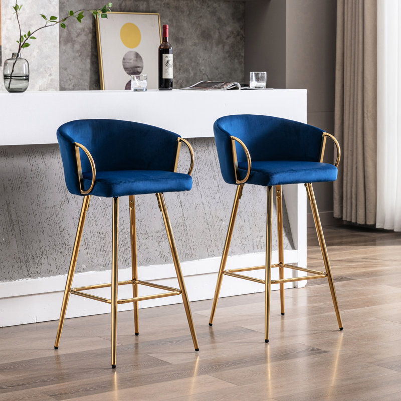 2 tabourets de bar de 26 pouces, 2 sièges en velours bleu et pieds dorés avec repose-pieds