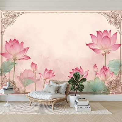 Peel and Stick Wallpaper 96" W x 69" H Modern Self Adhesive Wall Mural for Bedroom Pink Lotus Flowers Ornamental Frame Soft Pastel