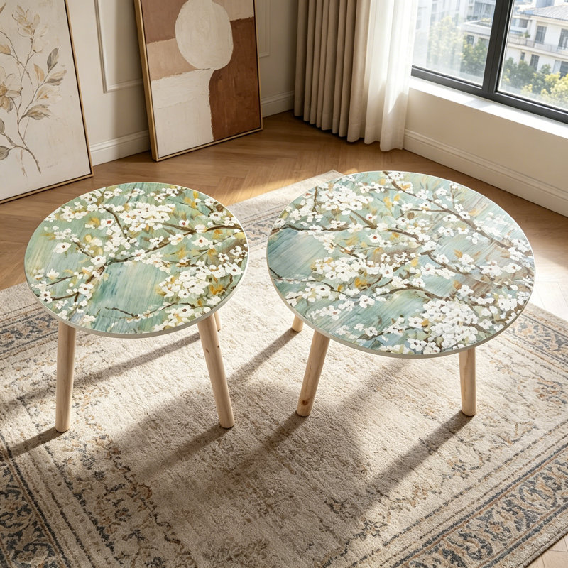 Set of 2 Side Table,Round Coffee Table,Painted Cherry Blossom Top