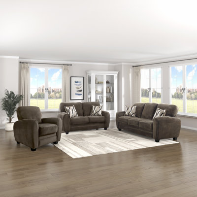 Manwi Modern & Contemporary Microfiber 3-Piece Living Room Set with Complete Seating, Exposed Faux Wood Feet & Loose Cushions