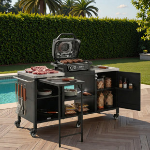 Large Grill Table Outdoor Kitchen Island With Stainless Steel Top, Fold-out Prep Table, Adjustable Shelves And Spice Rack