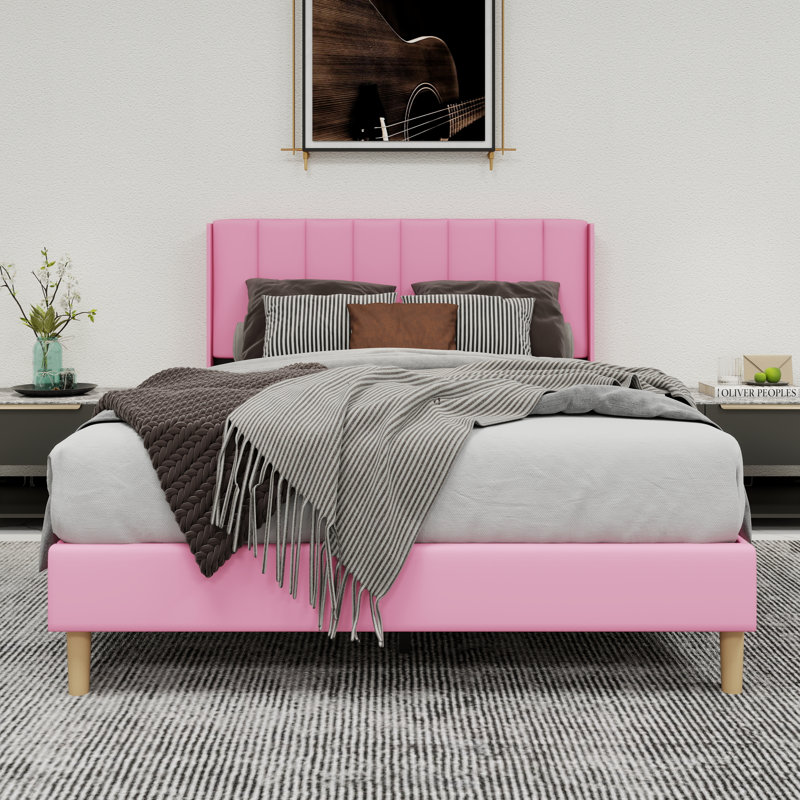 Lit plateforme tapissier avec tête de lit, Complète, Rose