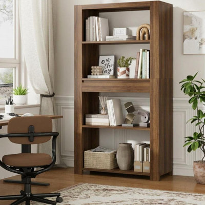 72 Inch Vintage Brown 4-Tier Tall Bookcase with Storage Drawer, Heavy-Duty Anti-Tip Open Display Shelf, Waterproof Stain Resistant Bookshelf for Office, Living Room & Bedroom