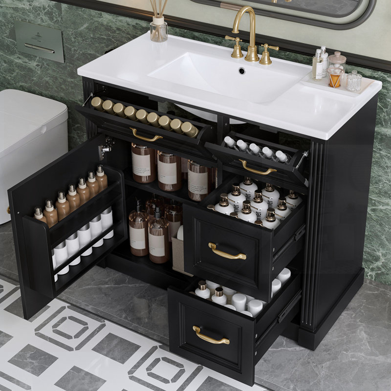 Meuble-lavabo moderne avec lavabo, 4 tiroirs, porte à fermeture en douceur, tablette réglable et lavabo en céramique pour un rangement efficace et un design élégant, finition noire