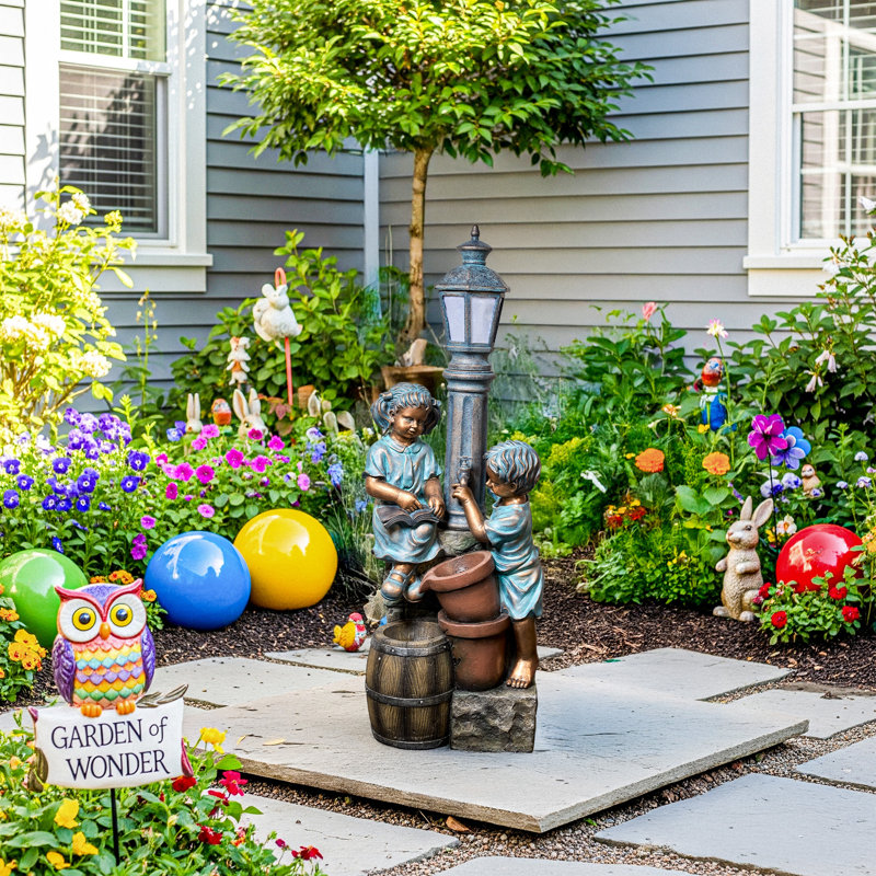 Outdoor Resin Water Fountain With LED Street Lamp & Children Statue, Garden Patio Decorative Water Feature