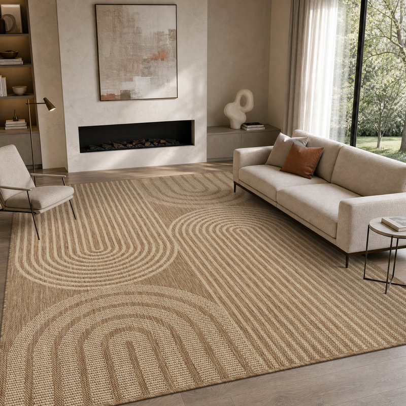 Tapis intérieur/extérieur beige/brun à motif géométrique arqué résistant aux UV, Brown/Beige, Rectangle 7'9" x 10'