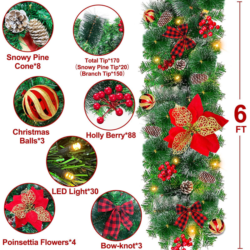 6FT Pre-Lit Christmas Garland with 50 LED Lights – Battery Operated, Timer Function, 8 Modes