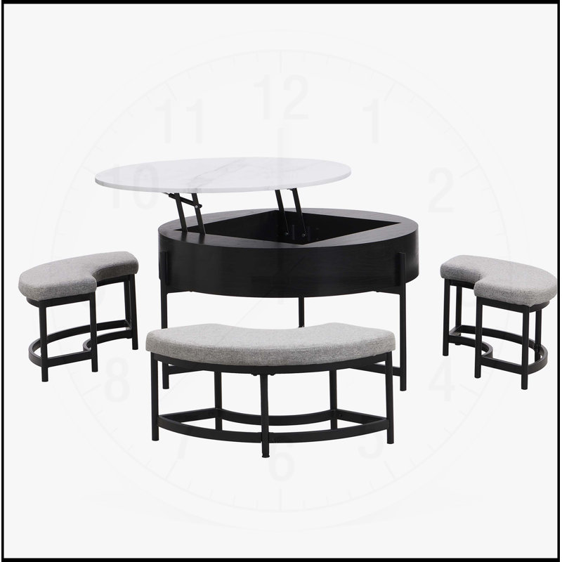 Table basse moderne à plateau relevable avec rangement et 3 repose-pieds, parfaite pour les espaces de vie élégants et fonctionnels