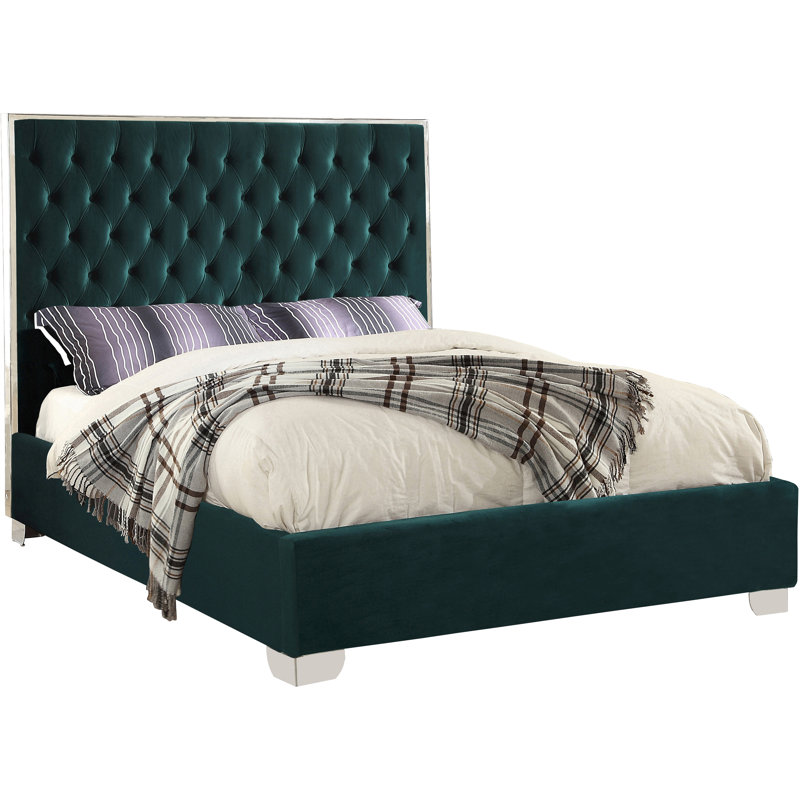 Spadaro Upholstered Platform Bed, King, Green Velvet, Silver