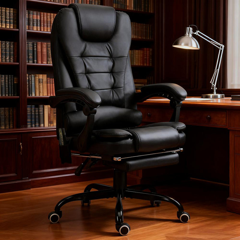 Fauteuil de bureau de massage à haut dossier, fauteuil de massage avec support lombaire, repose-pieds, Noir, Polyuréthane
