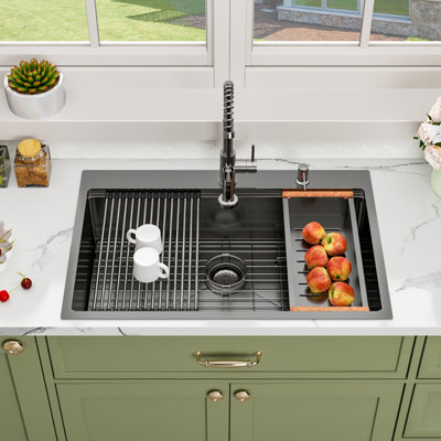 36"L x 22"W Drop-in Workstation Kitchen Sink Gunmetal Black 16 Gauge Stainless Steel Single Bowl Kitchen Sink with Basket Strainer and Stainless Steel Grid.