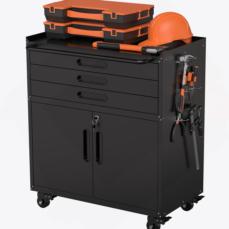 Armoire à outils roulante en métal - Rangement de garage robuste avec portes verrouillables et 3 tiroirs