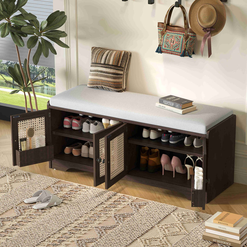 Rattan Doors Shoes Storage Bench, Espresso