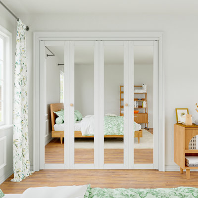 Mirrored Glass White Primed Solid Core Bi-Fold Closet Door With Hardware Kit