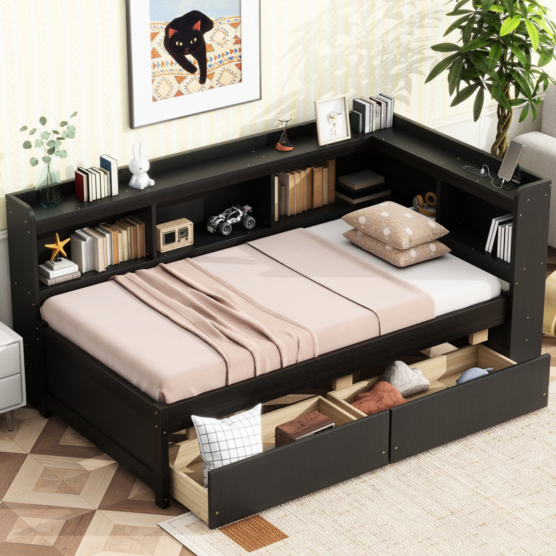 Lit simple avec bibliothèques en L et tiroirs de rangement, lit électrique de taille pin, 2 prises de courant, bois durable