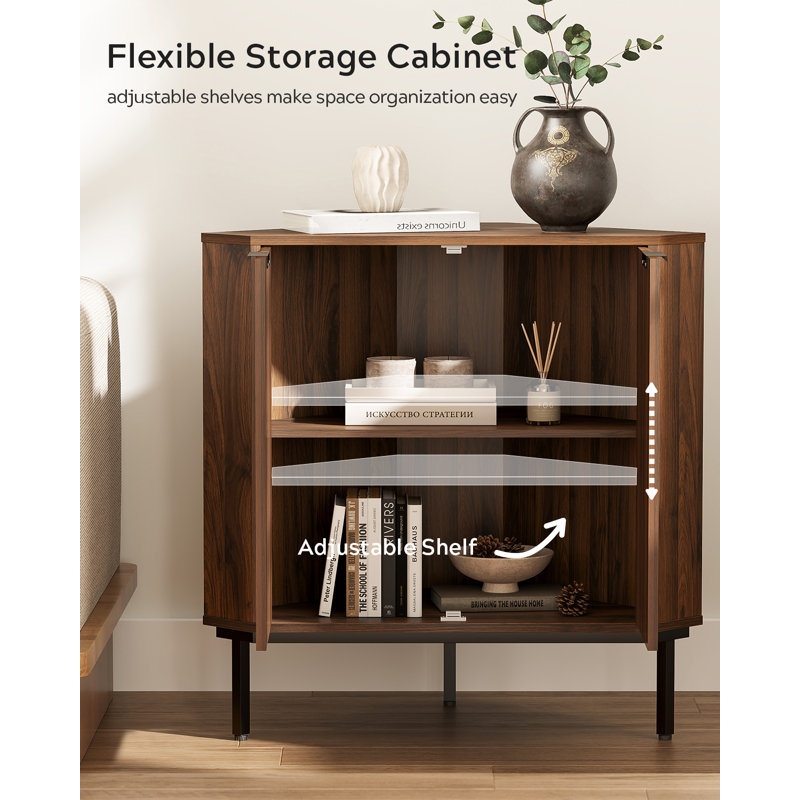 Fluted Corner Cabinet With 2 Doors And 2-Tier Shelves, Brown