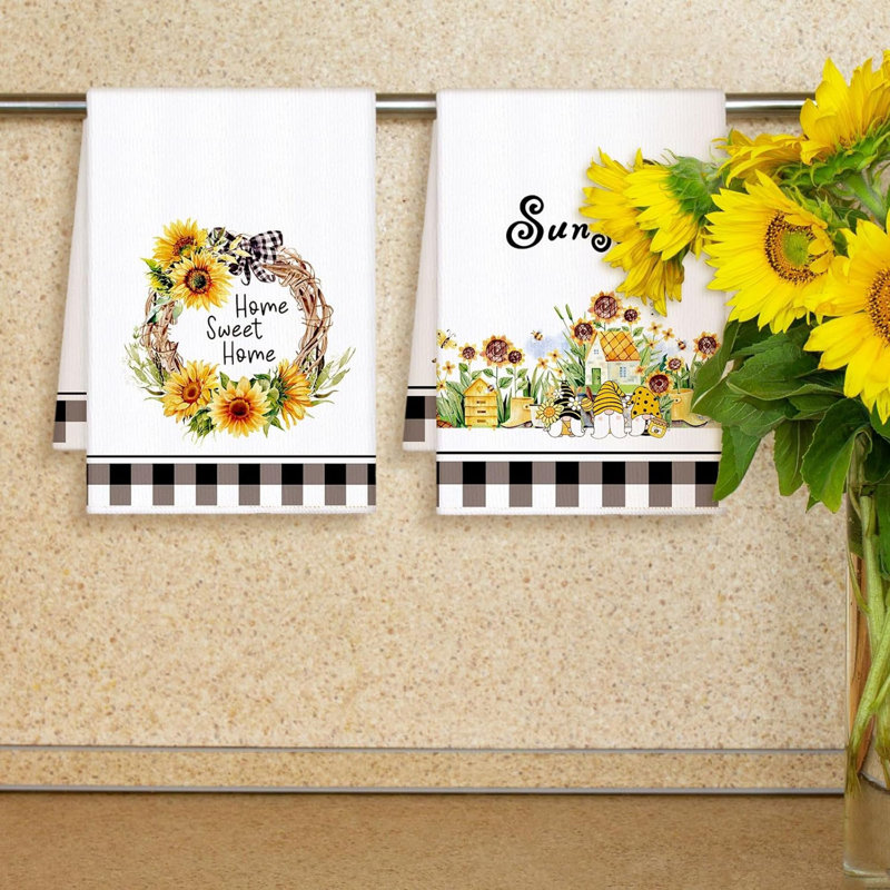 4 essuie-tout tournesol fleur de printemps fleur de mer citron plage essuie-mains à séchage rapide décor pour la cuisine (carreaux, soleil)