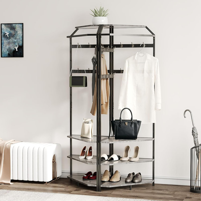Corner Coat Rack With Shoe Bench Entryway, Corner Hall Tree With 6 Double Hooks, Clothes Rack With Storage Hall Tree With Organizer Shoe Bench Shelf
