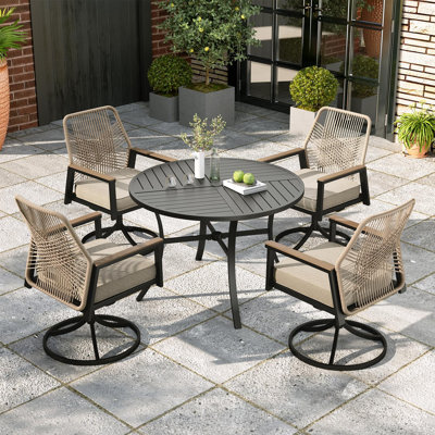 Outdoor Wicker Backrest Dining Set With 4 Swivel&Rocking Chair And Cushions