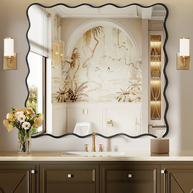 Luxury Rectangular Wavy Metal Framed Mirror, Black, 36" x 36"