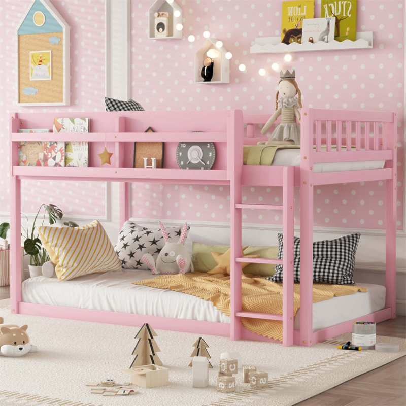 Lit superposé bas simple au-dessus d'un lit simple, lit superposé au sol avec échelle, fabrication en bois massif pour enfants et adolescents, conception compacte et peu encombrante (sans matelas)