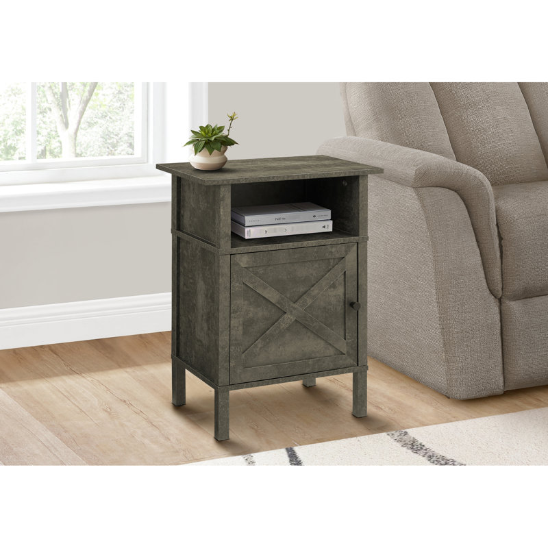 Table d'appoint, style transitionnel, idéale pour les petits espaces, finition bronze foncé, meuble de rangement, plateau facile à nettoyer, étagère ouverte.