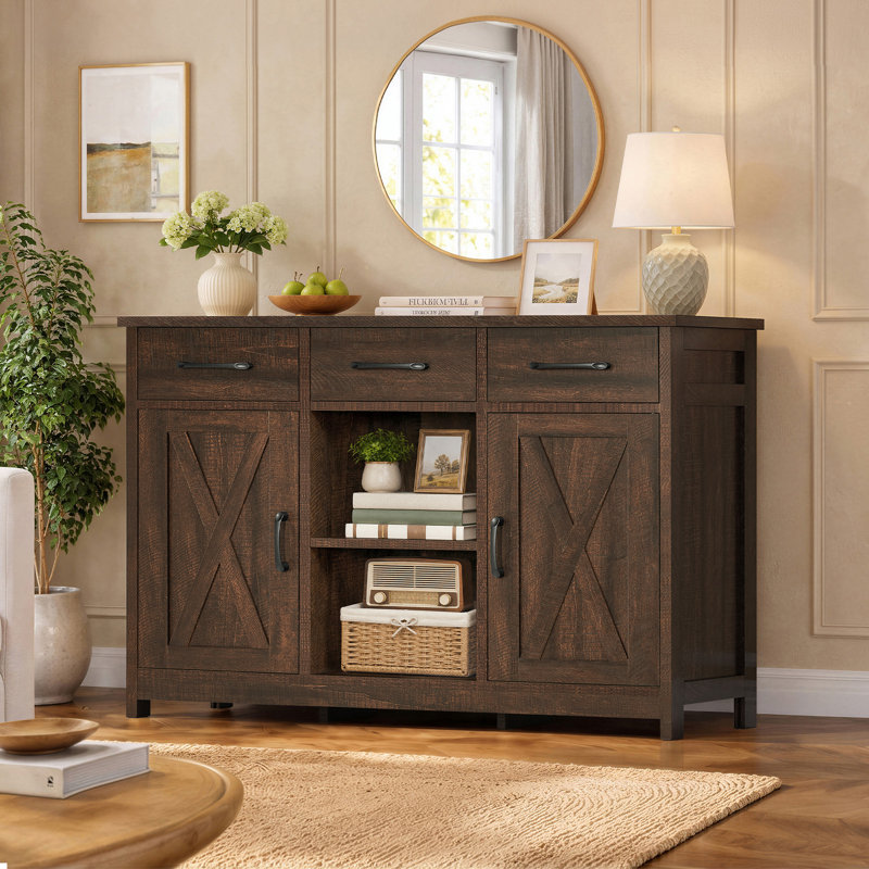 Sideboard Buffet Cabinet with 3 Storage Doors & 3 Drawers,Rustic Brown, Rustic Brown