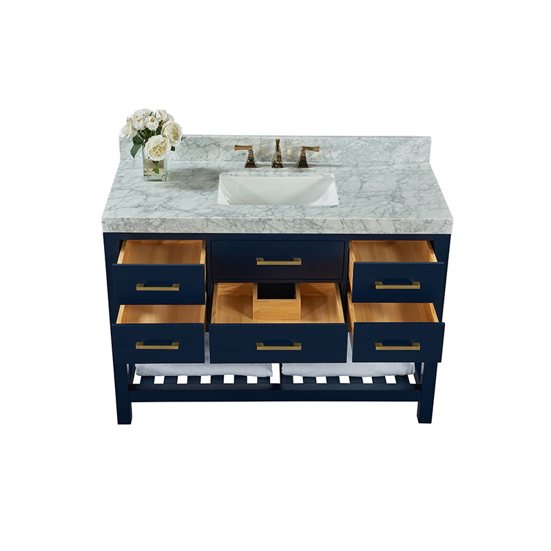 Elizabeth 48'' W Single Vanity, Heritage Blue/Brushed Gold, Carrara White Marble