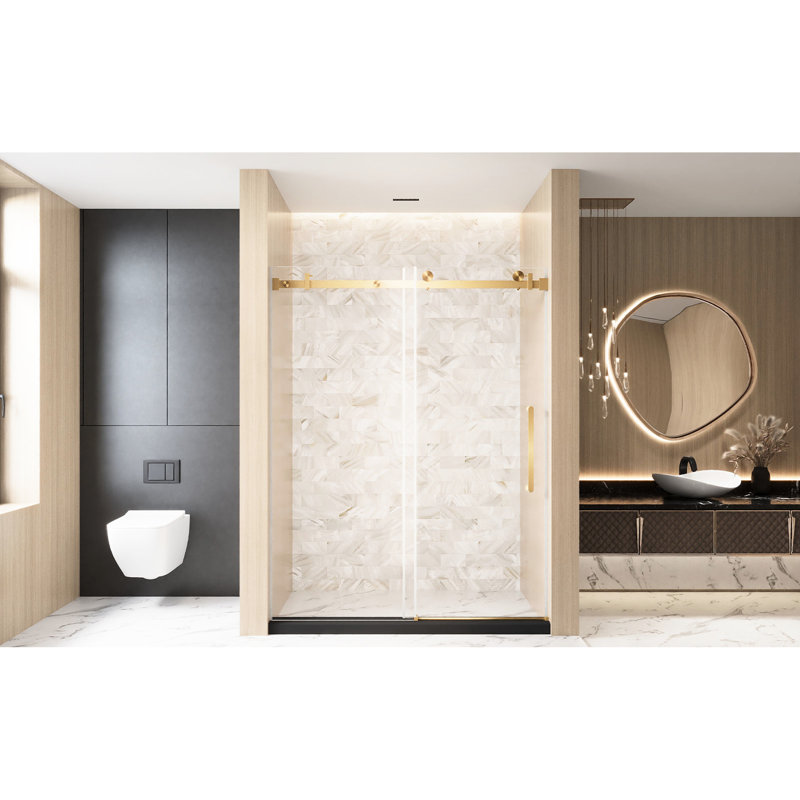 Single Sliding Shower Door 56 - 60 "w X 76" H For Bathroom, 6 Mm Clear Tempered Glass, Proof Film, Stainless Steel Square Tube Track, Brushed Gold Finish, 4.8cm Wheels Smooth And Stable Function,