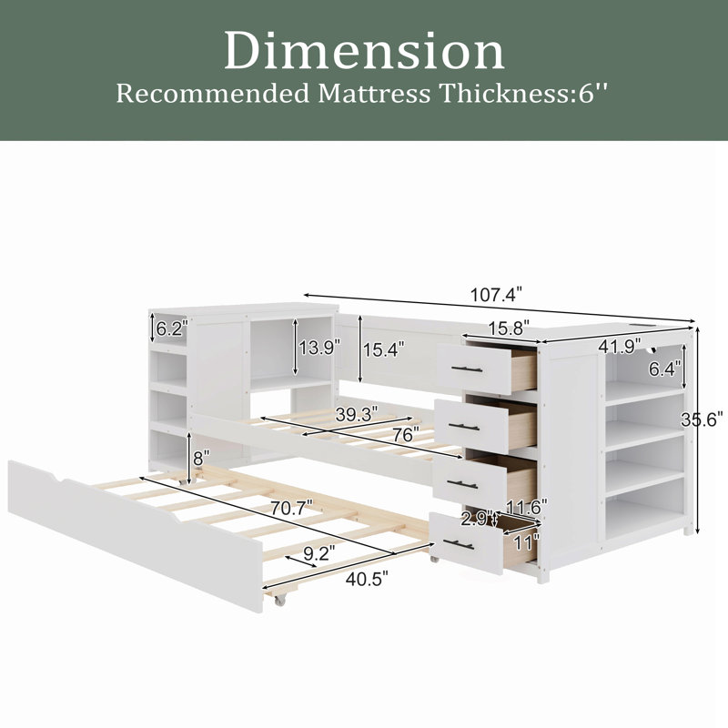 Lit de jour simple en bois avec tablettes latérales et tiroirs, lit de rangement avec bureau multifonctionnel et station de charge pour chambre à coucher, chambre d'amis