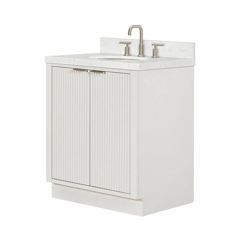 Meuble-lavabo simple en bois massif 30 po avec comptoir en quartz blanc chaud de 1,5 po Carrara, Blanc chaud, Ovale