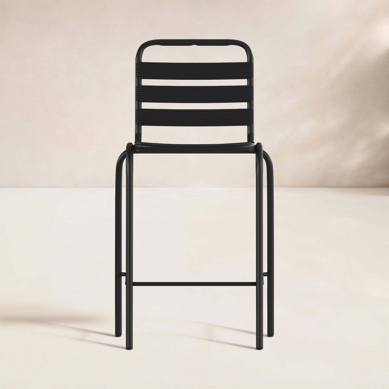 Commercial Indoor-Outdoor Restaurant Bar Height Stool with Metal Triple Slat Back, Black