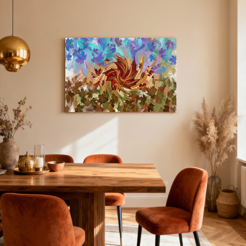 Tableau abstrait sur toile tendue représentant des feuilles d'automne, H 16 po x l 24 po