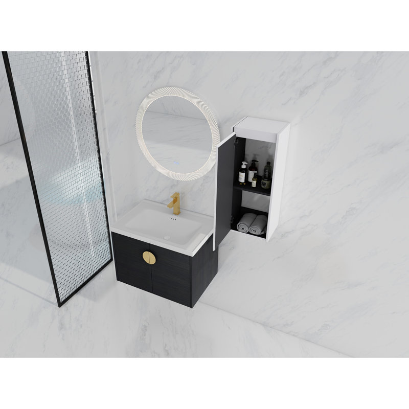 Bathroom Vanity With Ceramic Sink And Side Storage - Black Chestnut, Modern Framework Element Shelf Configuration, 28"