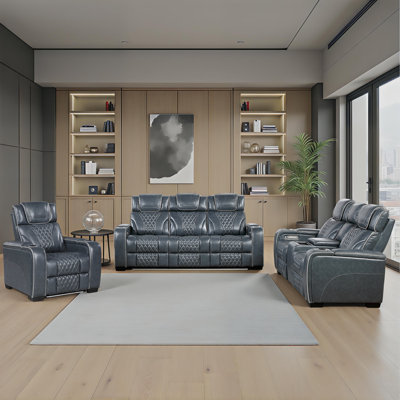 Ensemble de salon 3 pièces inclinable électrique moderne et contemporain Keller avec revêtement 100% cuir fleur, massage apaisant à la chaleur et à l'air et ressorts ensachés en mousse
