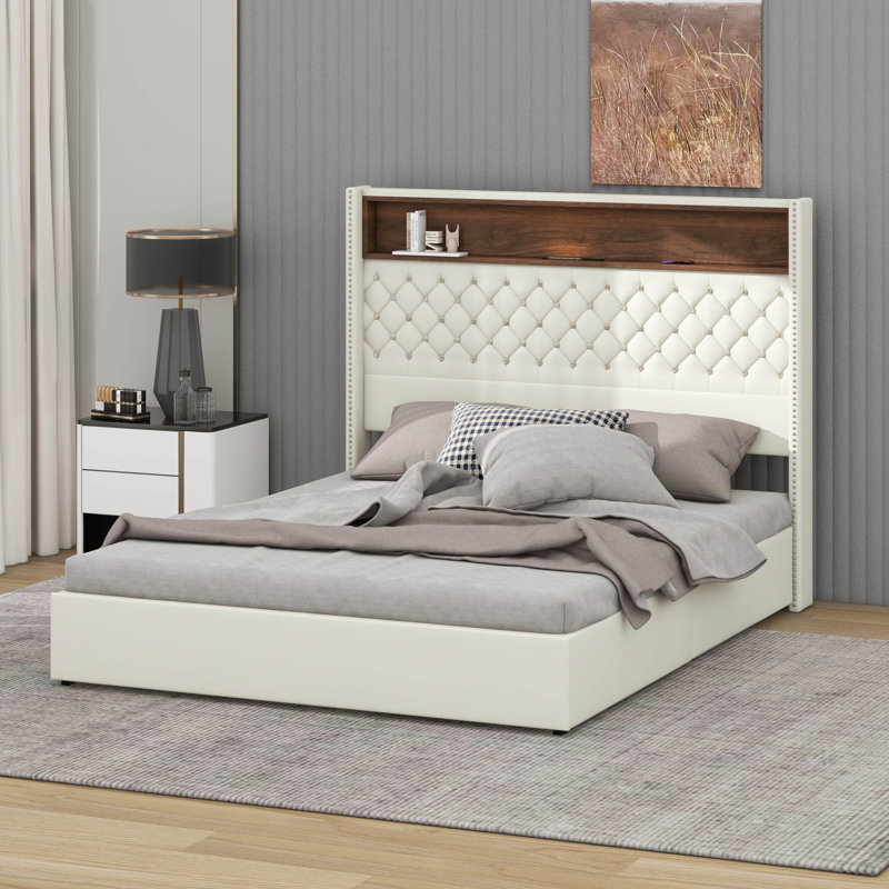 Cadre de lit en velours doux avec veilleuse, tête de lit avec décoration à rivets, Beige, Grand