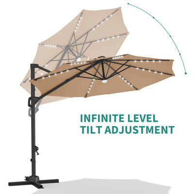 10ft Cantilever Patio Umbrella with Solar LED Lights – 360° Rotation, Easy Tilt Crank, Windproof, UV Protection, Base Included – Outdoor Market Parasol for Garden, Deck, Pool, Backyard – Tan