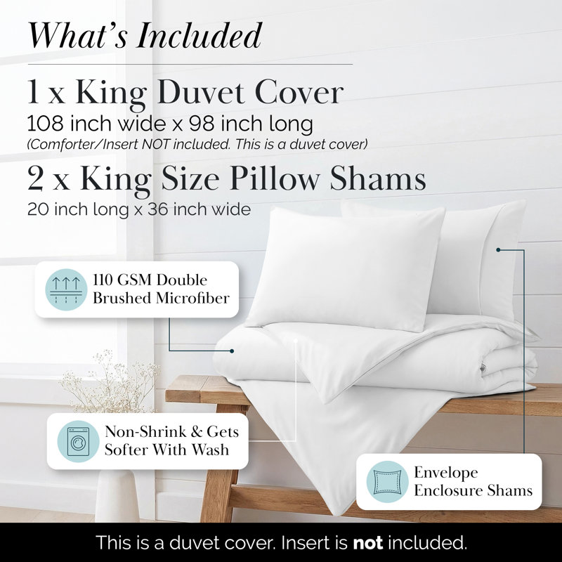 Southshore Fine Linens Vilano Duvet Cover Set, Oversized 110 GSM Microfiber Bedding with Hidden Zipper Closure and 4 Corner Ties, 2 King Pillow Shams, King/California King, White