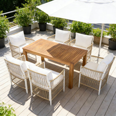 Ensemble de table de salle à manger 7 pièces en bois avec 6 fauteuils en rotin