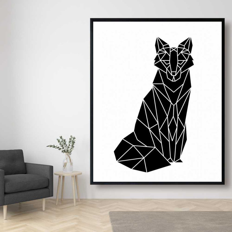 Geometric Fox - Black & White Animals Framed Canvas Art