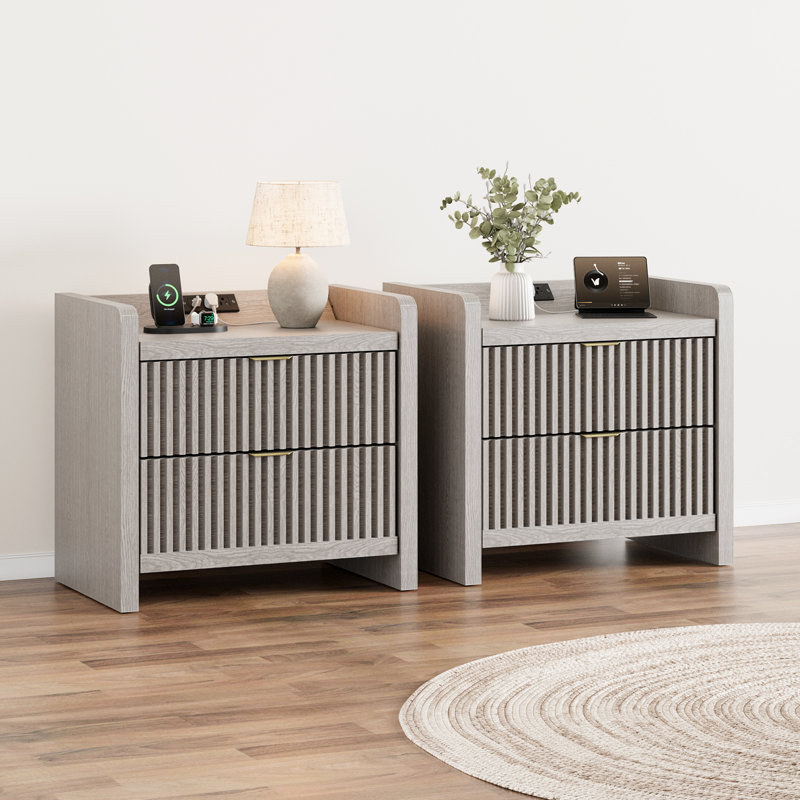 Night Stands Set of 2-Fluted Nightstands with Charging Station- Modern 2 Drawers Nightstand 25" Tall Bedside Table End Table, Large Night Stand for Bedroom, Sofa Side