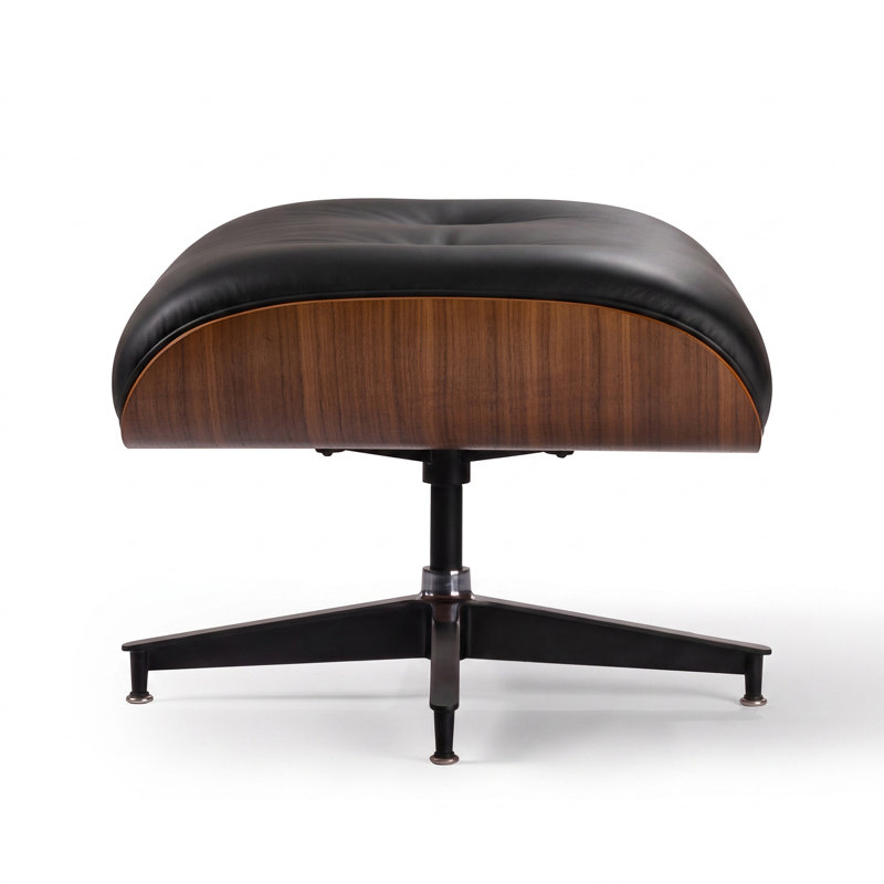 Chaise longue pivotante en cuir Mid-Century avec repose-pieds, coque en bois double face et base en aluminium, Noir/noyer