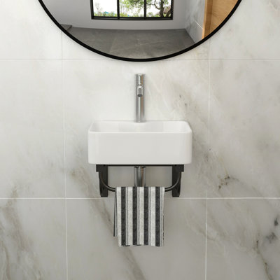 16x12 Inch Wall-Mounted Rectangular Ceramic Bathroom Sink with Black Towel Bar and Faucet Hole for Modern Spaces