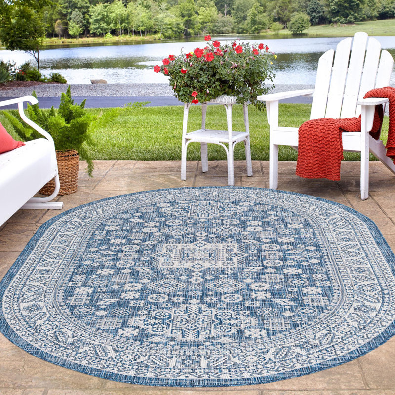 Outdoor Chand Rug Ivory-Blue Color, Oval 7'10" x 10'