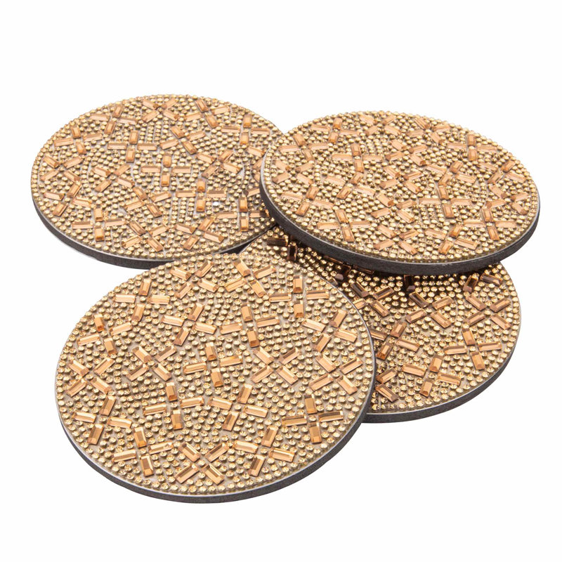 Gold Rhinestone Stainless Steel Coaster Set with Holder